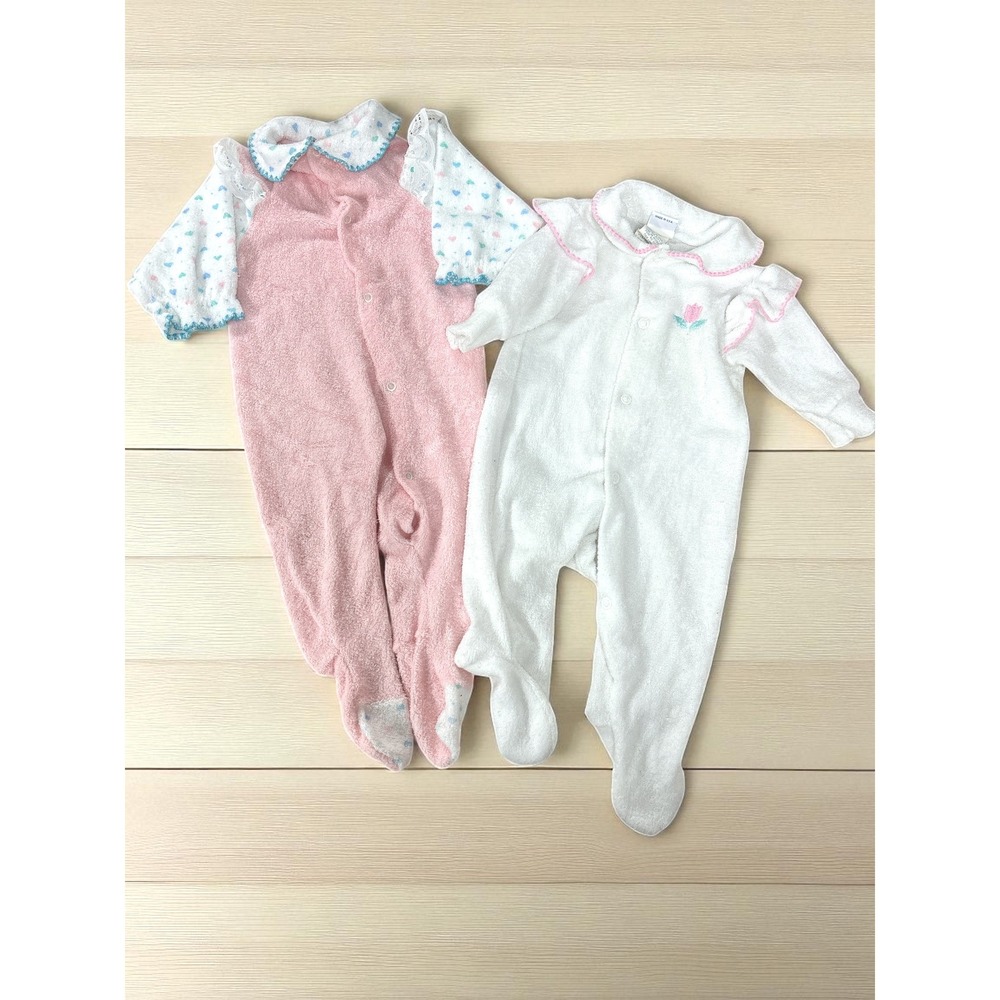 Vintage Baby Girl JCPenney Alexis Pink White Terry Fleece Footed Pajama Sleepers